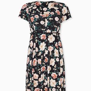 BLACK FLORAL STUDIO KNIT BUTTON MIDI DRESS